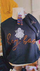 Hey Boo Sequin Halloween Sequin Bat Sleeves Detail Long Sleeve Crew Pullover