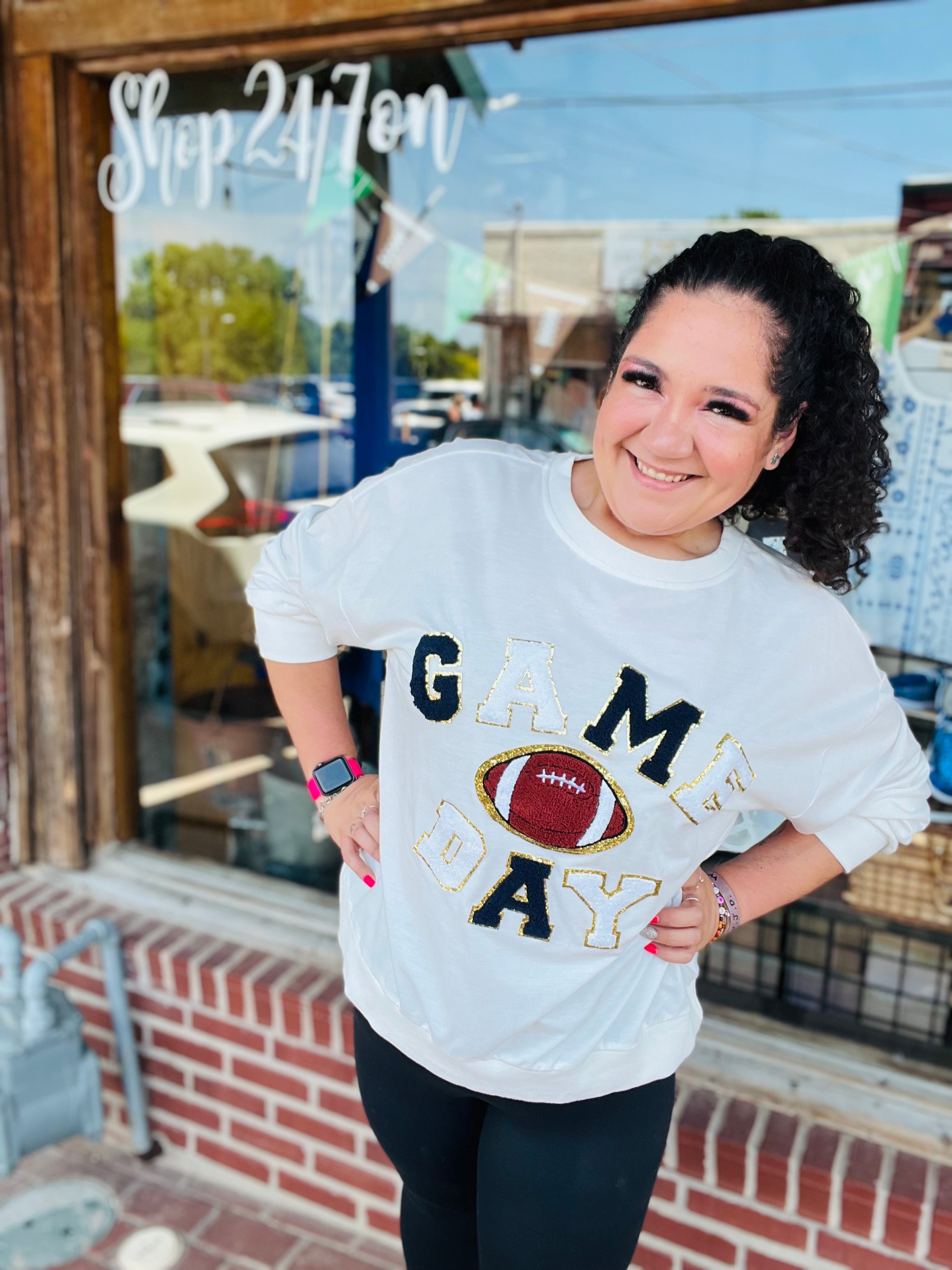 Game Day Patchwork White Sweatshirt Top