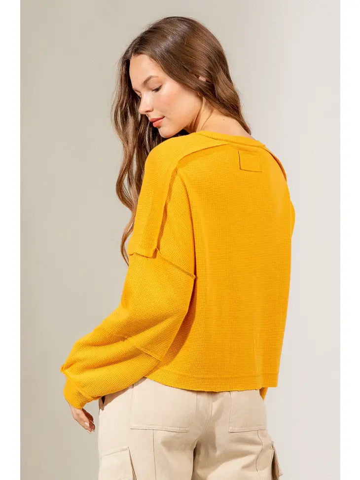 You Be My Honeysuckle Raw Edge Waffle Knit Henley Top
