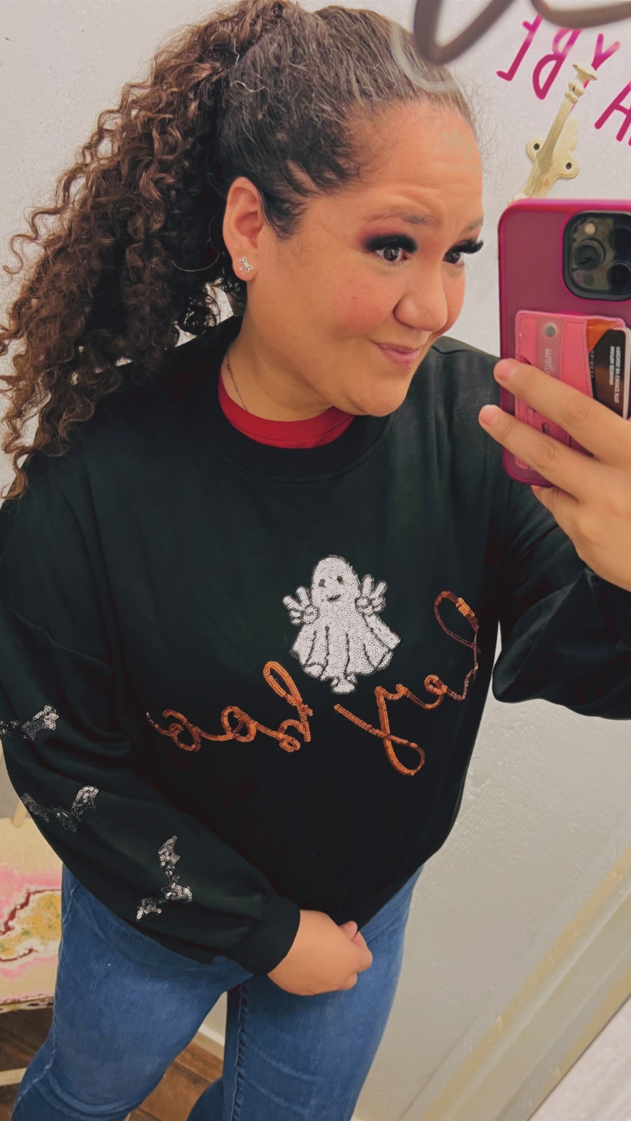 Hey Boo Sequin Halloween Sequin Bat Sleeves Detail Long Sleeve Crew Pullover