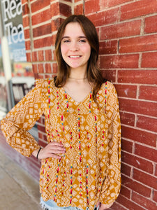 The Time Of Day Mustard Print Savanna Jane Embroidered Top