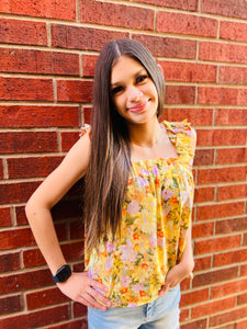 Flower Power Ruffle Straps Yellow Floral Print Top