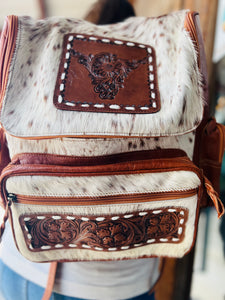 This Is Where It Begins Highland Cow Cowhide Tooled Leather Western Backpack