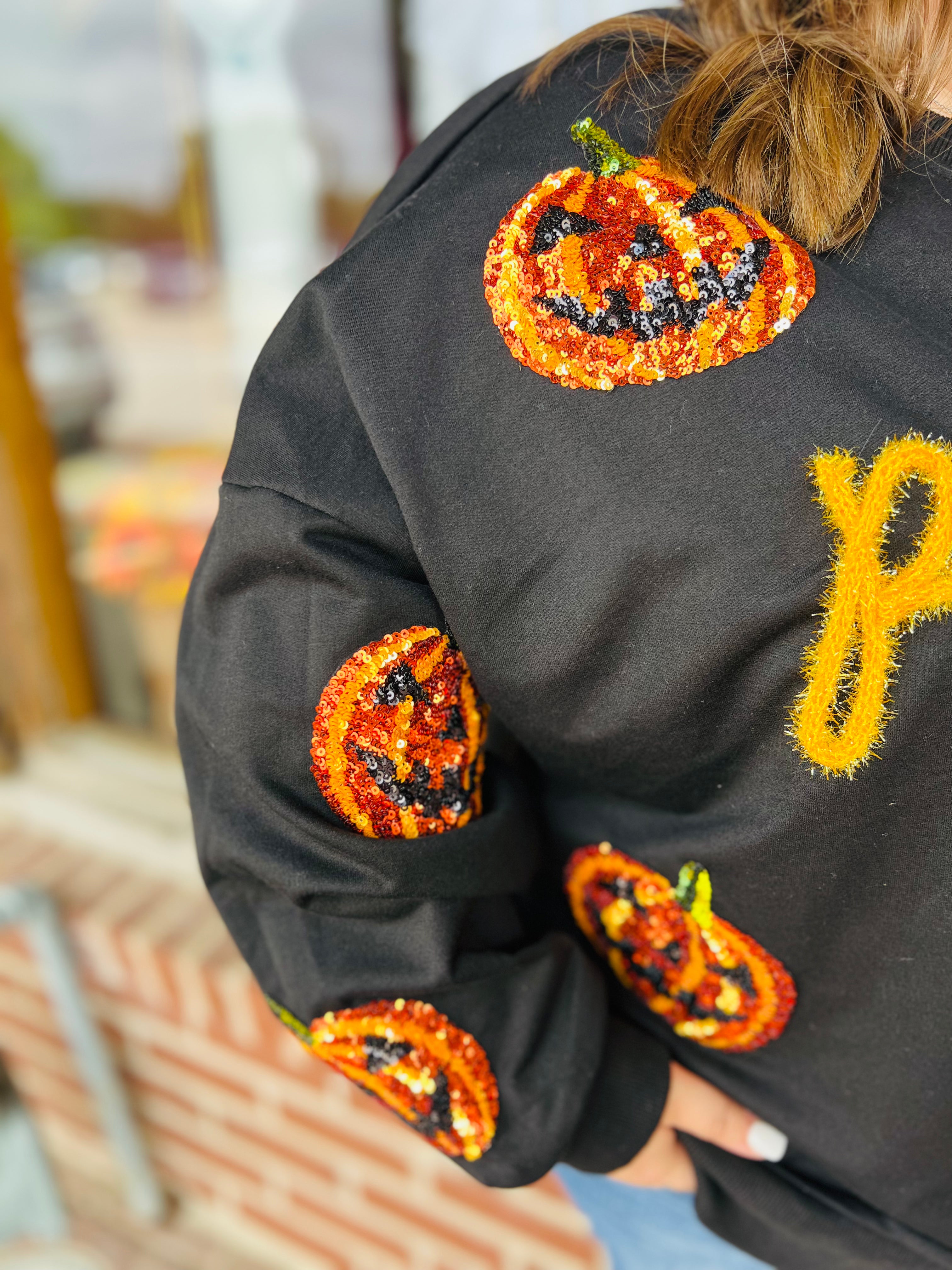 Pumpkin Sequin Patch Metallic Letters Oversized Sweater