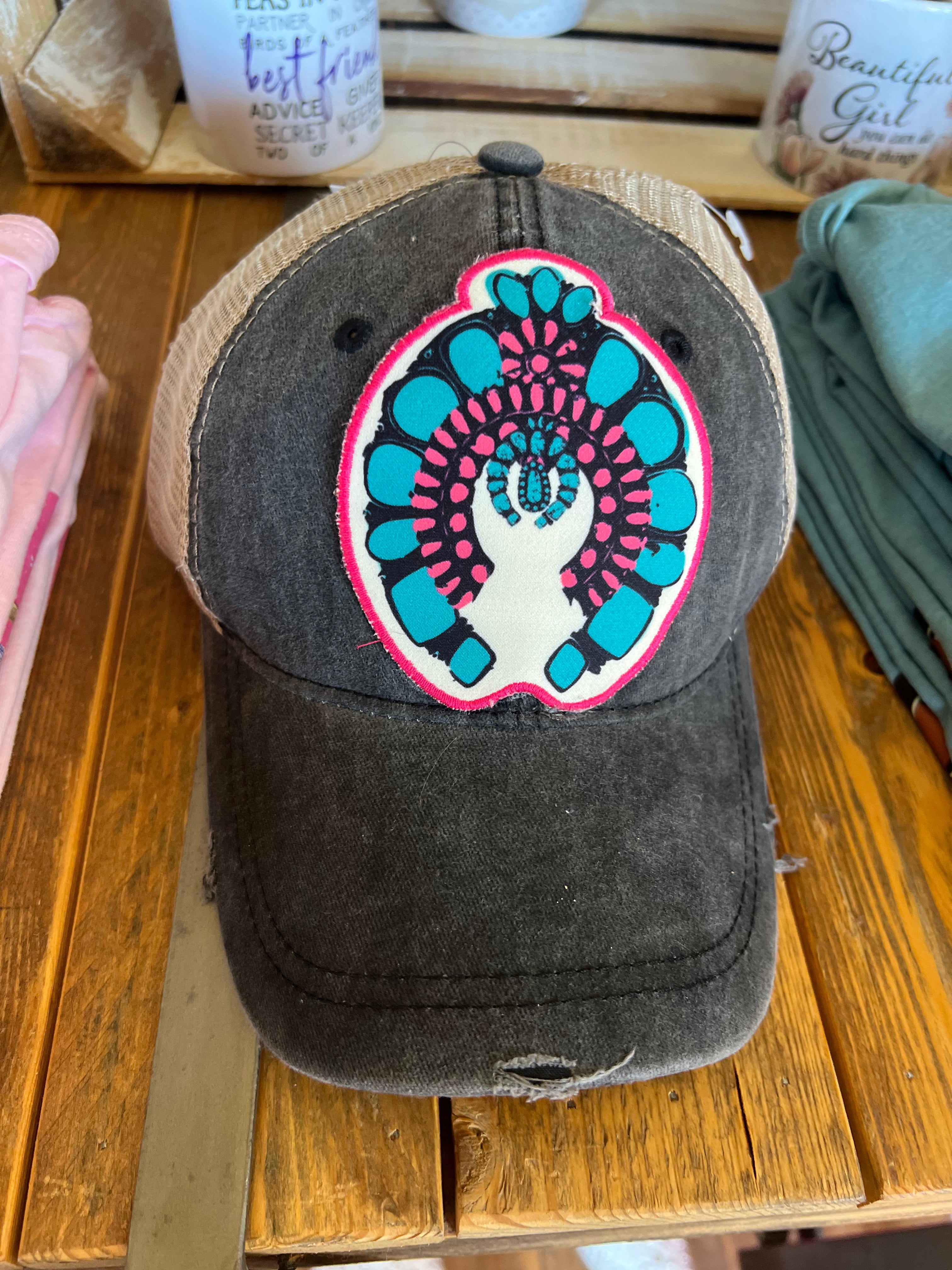 Turquoise Squash Blossom Pony Tail Mesh Back Baseball Hat