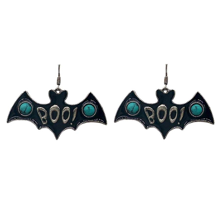 Just A Little Batty Boo Turquoise Metal Halloween Dangle Earrings