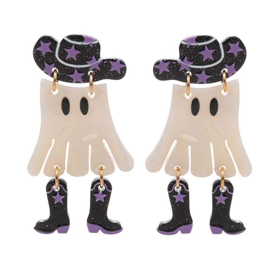 Booooot Scootin' Boogie Black & Purple Acrylic Ghost Halloween Post Drop Earrings