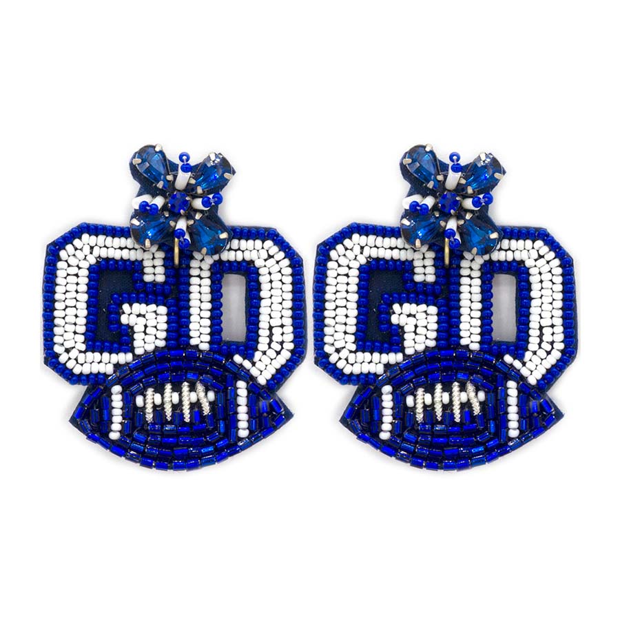 Cheering You On Blue Beaded Sparkle Football Post Drop Earrings