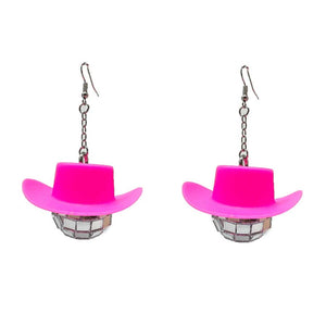 Disco Cowgirl Disco Ball Pink Cowboy Hat Dangle Earrings