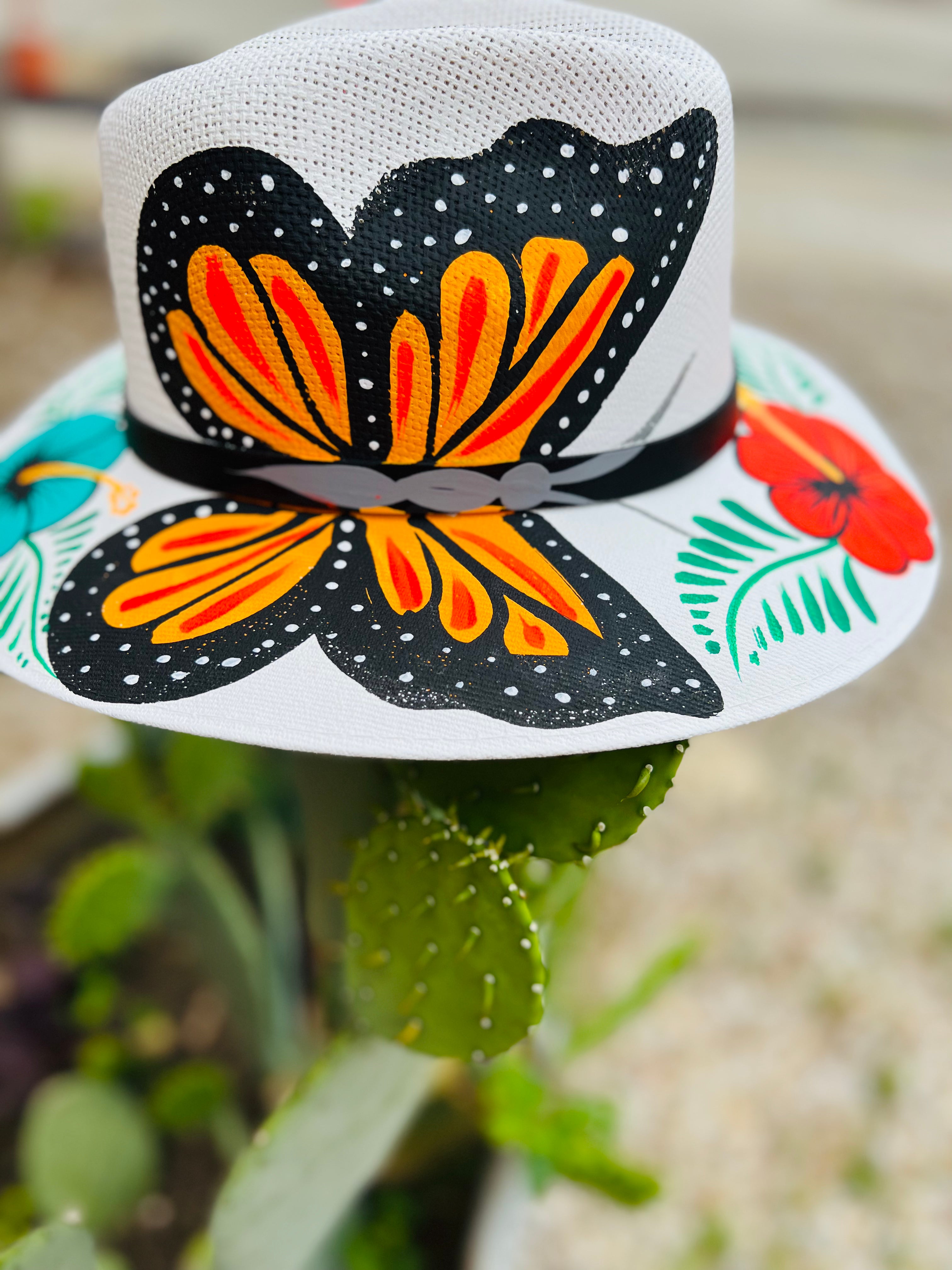 Monarch Butterfly Orange & Teal Flowers Hand Painted Hat