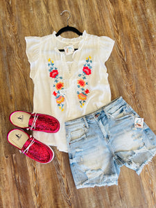 Coming Back Around White Floral Embroidered Front Tie Top