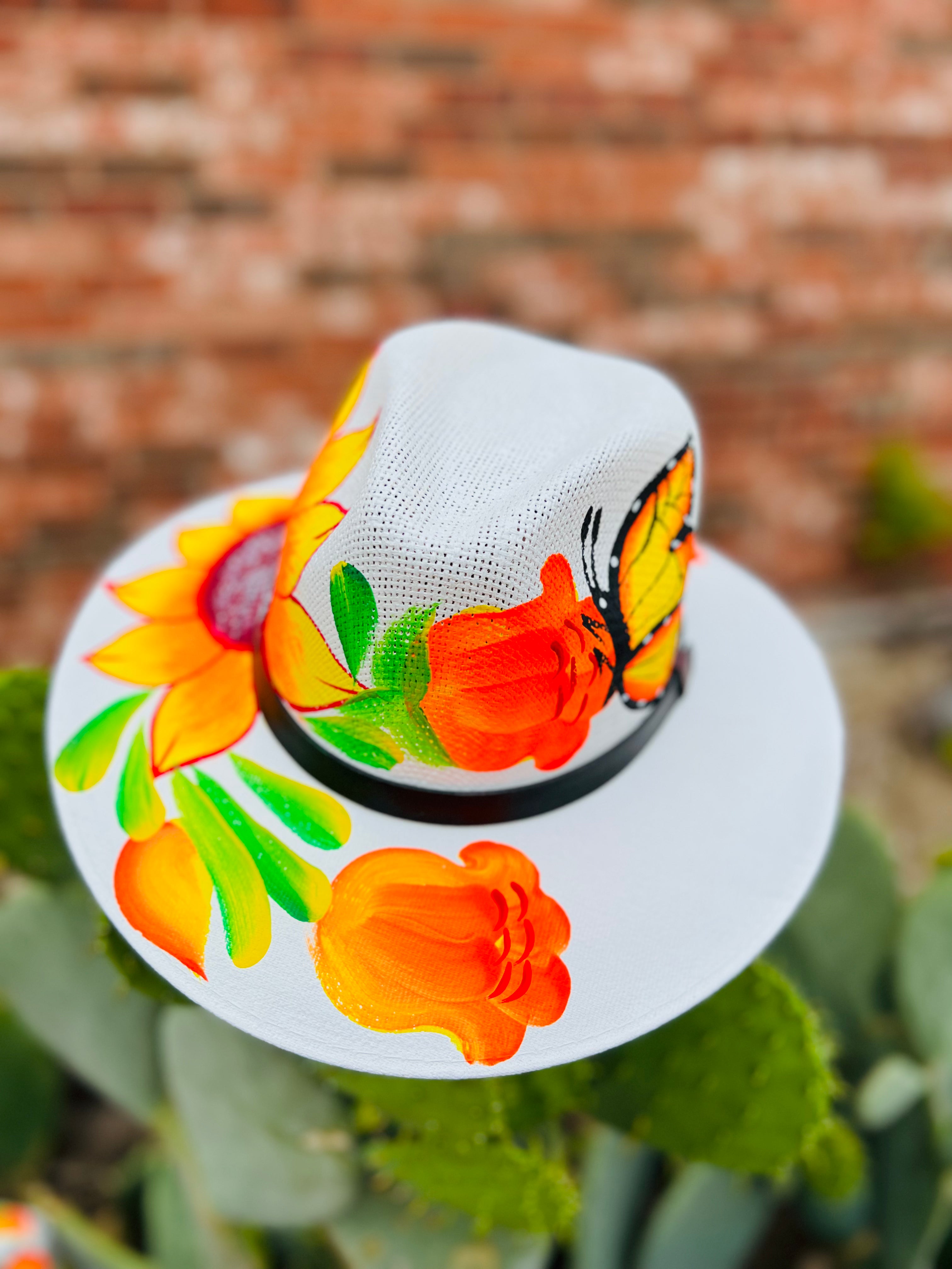 Orange & Yellow Tulip Butterfly Sunflower White Hand Painted Hat
