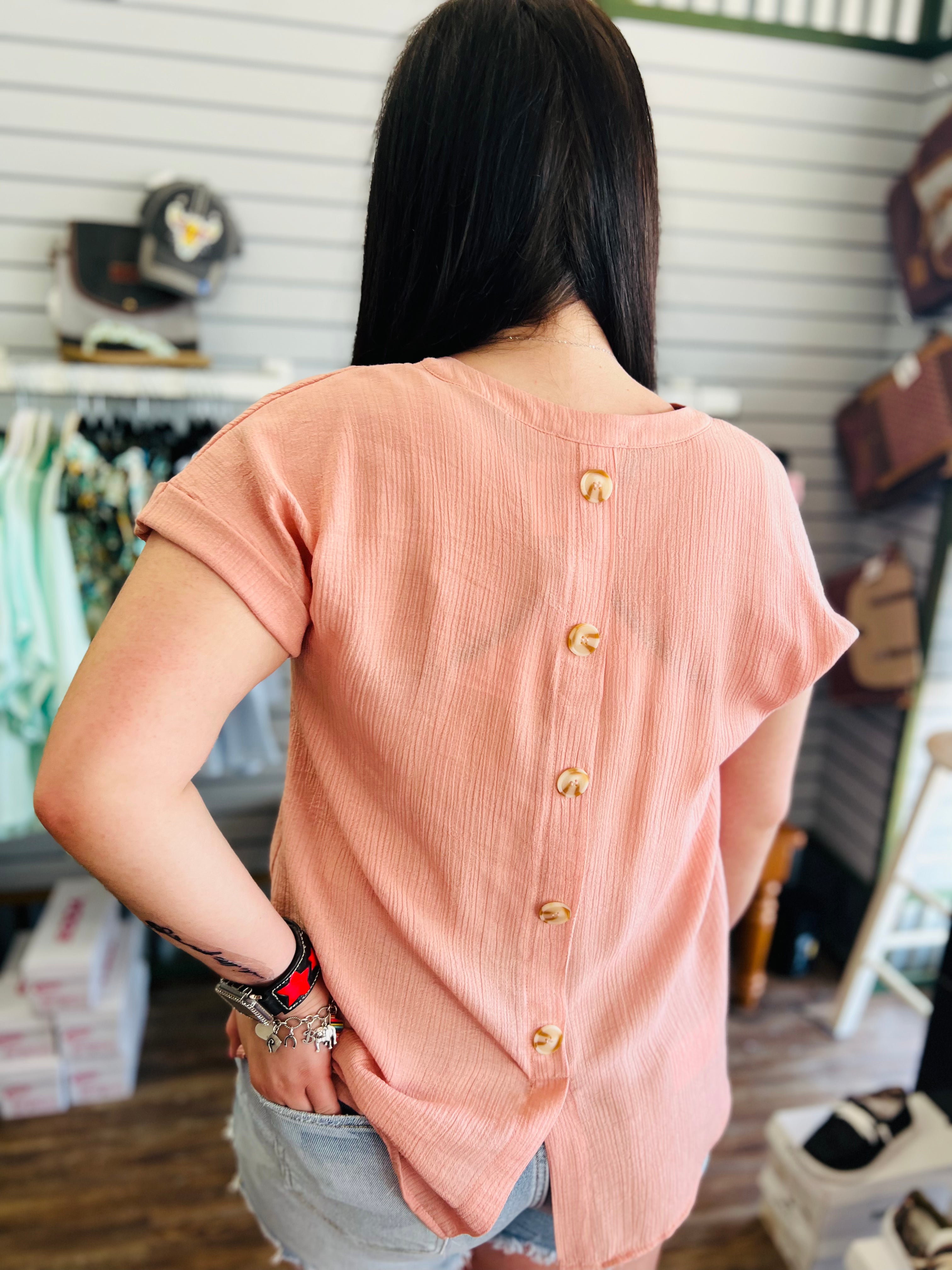 Staying Close To You Dusty Rose Back Button Detail Top – Friends