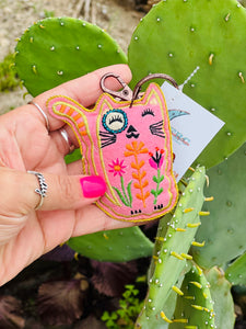 Pink Cat Whimsical Embroidered Felt Keychain Charm