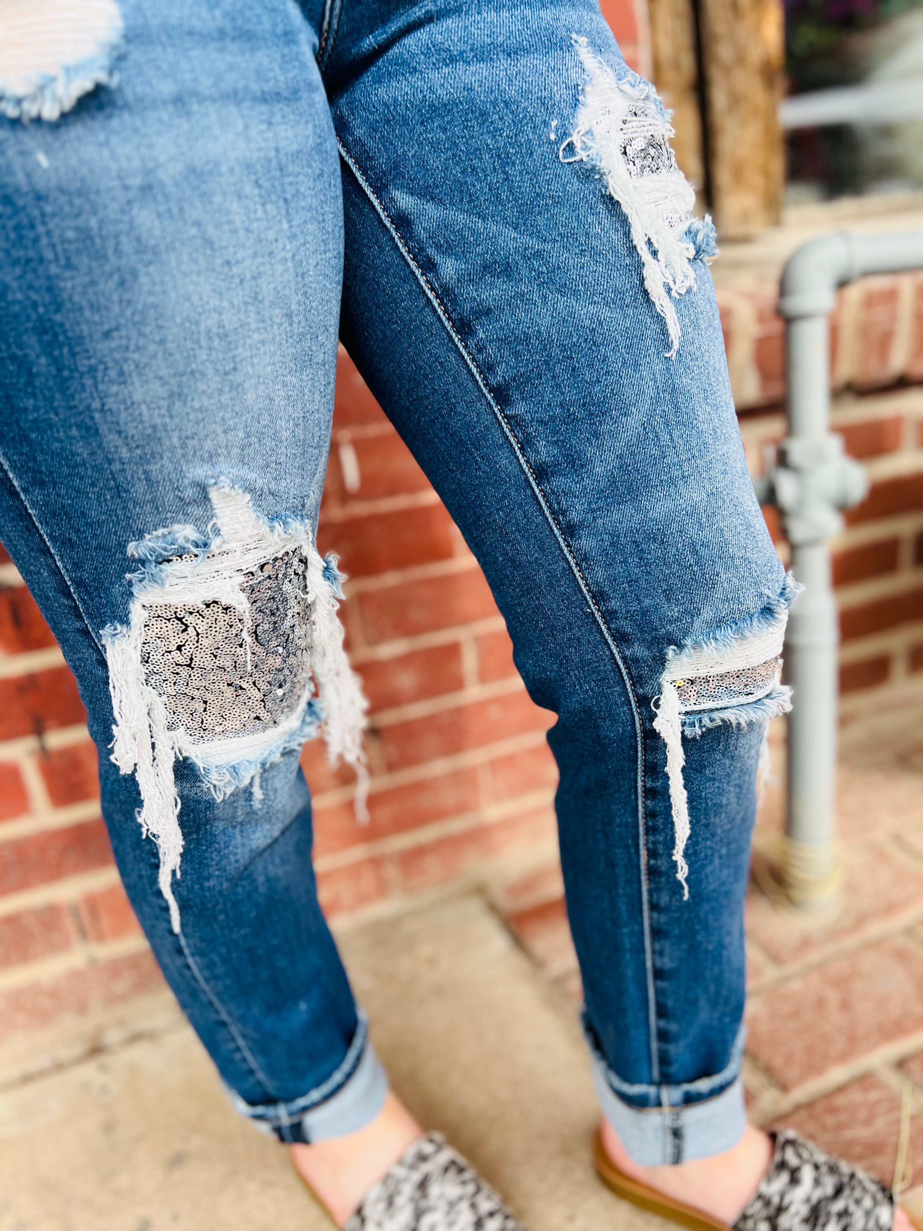 Ready To Celebrate Mid Rise Sequin Patched Tapered Risen Denim Jeans