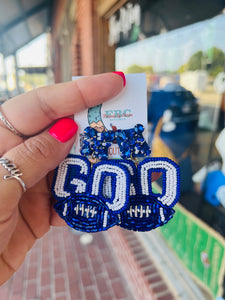 Cheering You On Blue Beaded Sparkle Football Post Drop Earrings