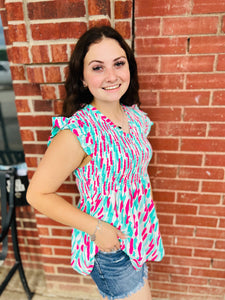 Painted Dreams Pink & Teal Ruffle Sleeve Smocked Detail Top