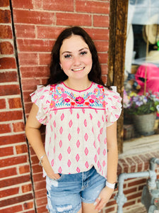 Beautifully Put Pink Embroidered Ruffle Sleeve Top