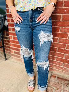 Ready To Celebrate Mid Rise Sequin Patched Tapered Risen Denim Jeans