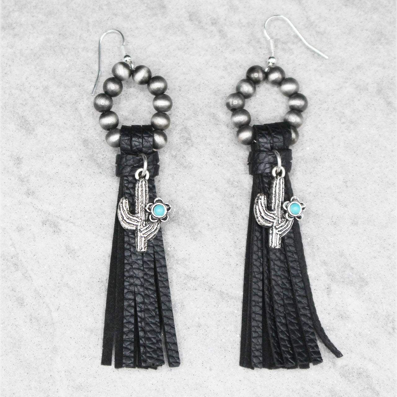 Black Desert Flower Navajo Pearl Cactus Tassel Earrings