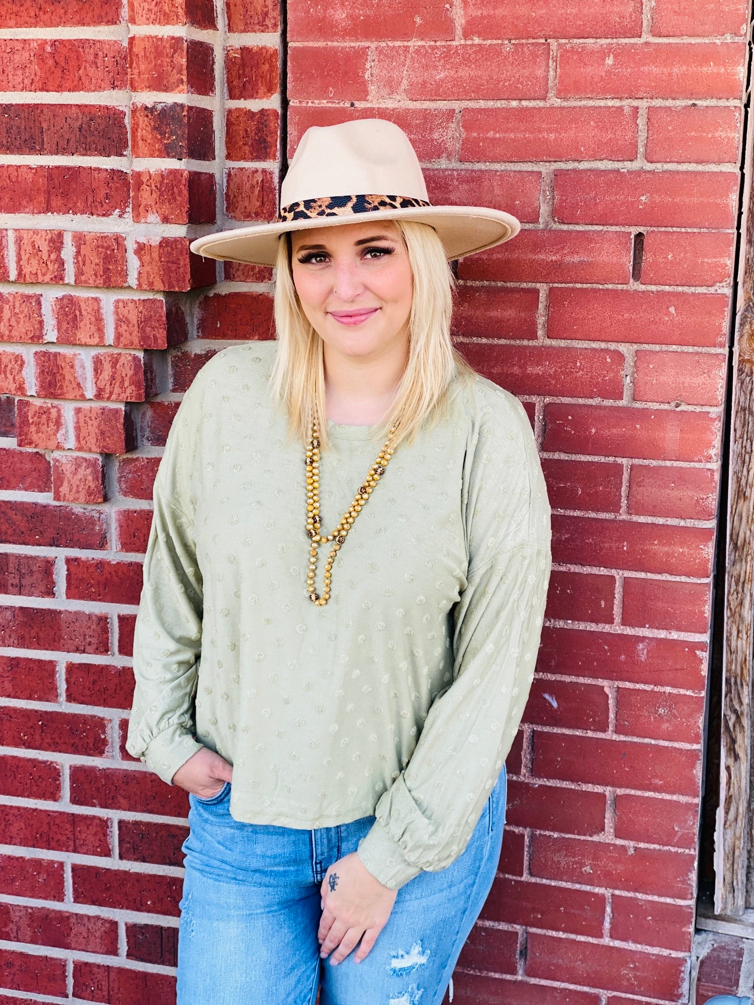 What You Believe Olive Long Sleeve Dotted Top
