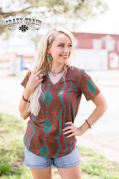 Adobe Rust V-Neck Aztec Crazy Train Top