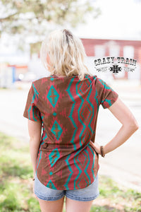 Adobe Rust V-Neck Aztec Crazy Train Top