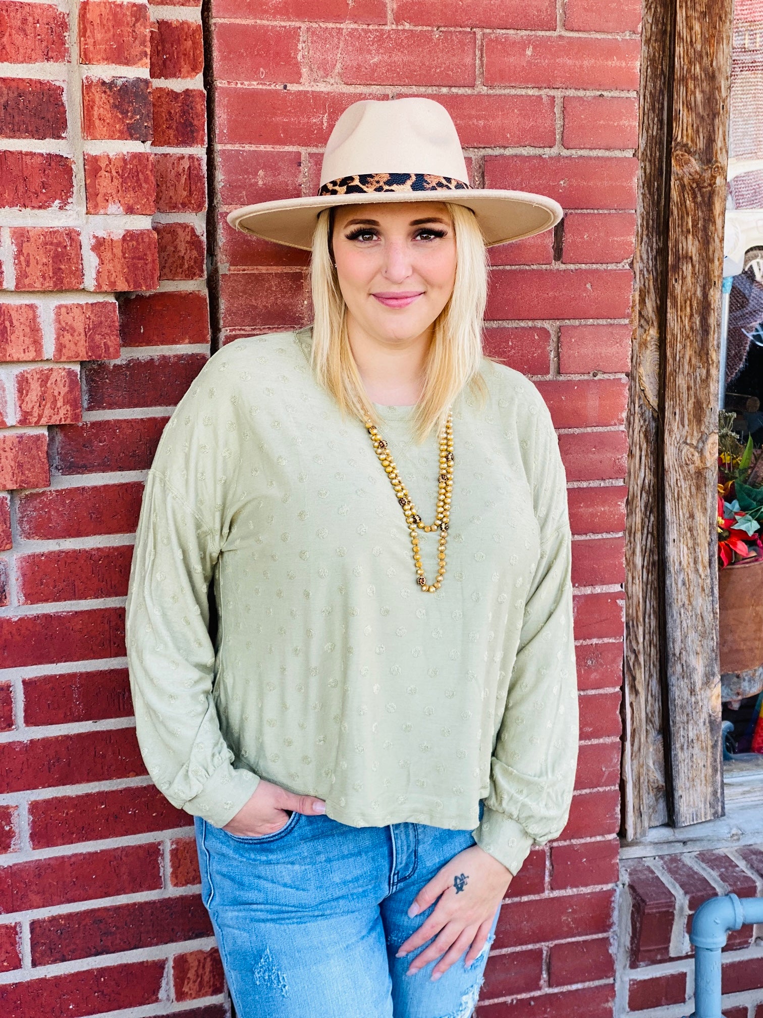 What You Believe Olive Long Sleeve Dotted Top