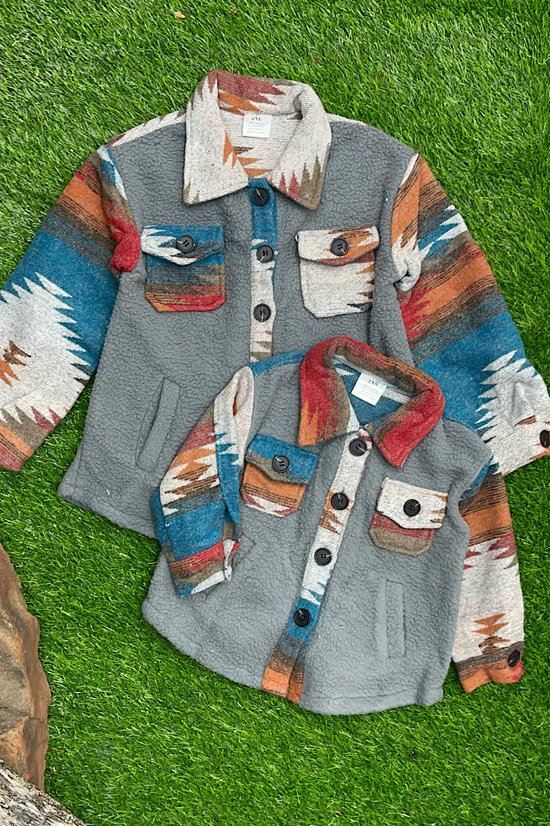 Kids Carried Away Grey & Aztec Shacket