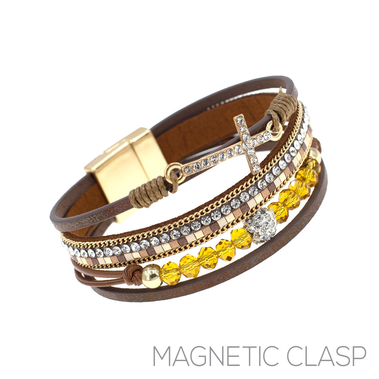Meant For You Rhinestone Cross Brown Magnetic Bracelet