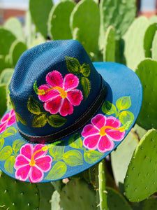 Pink Flowers Teal Hand Painted Hat