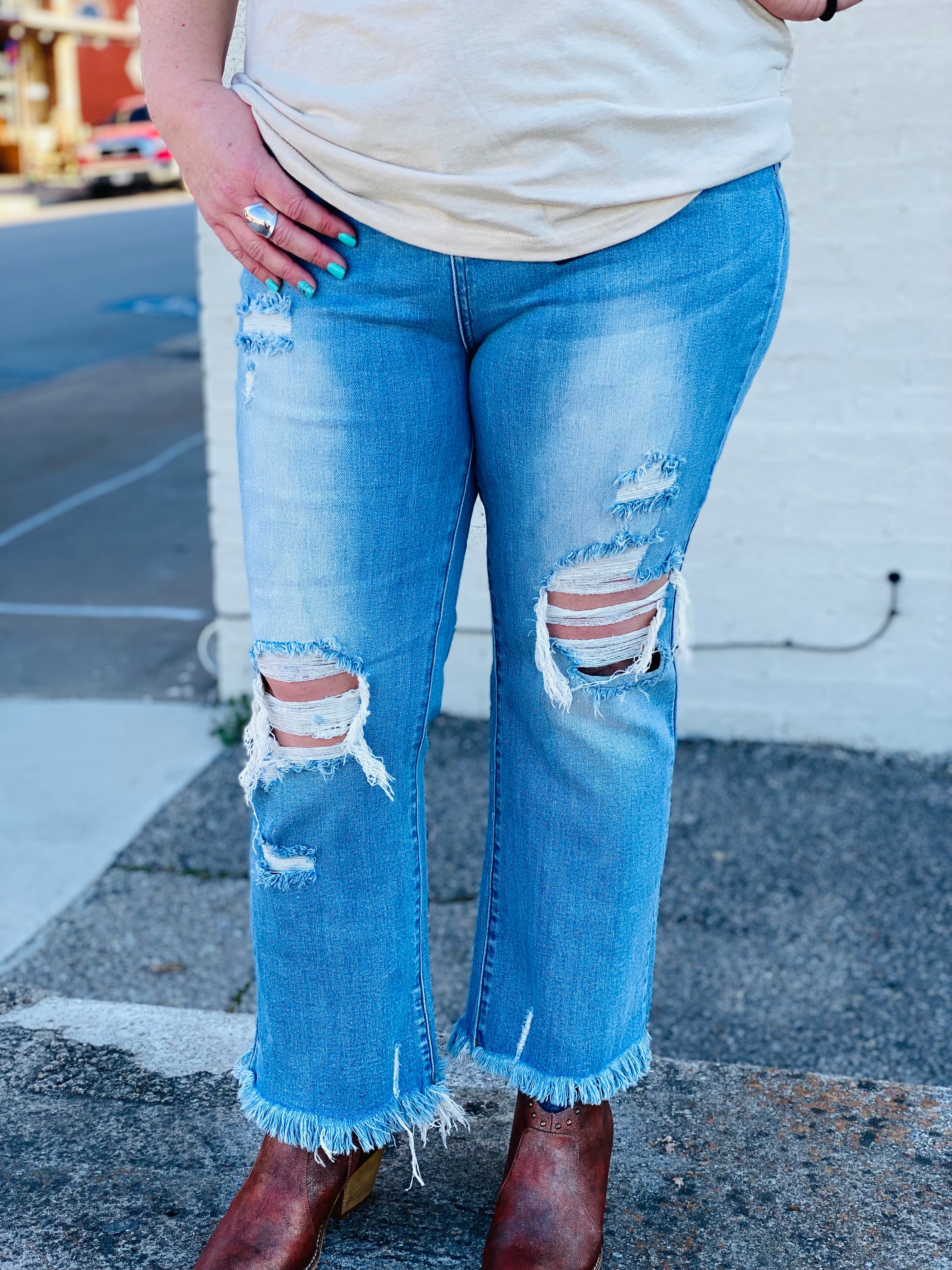 Can't Tell Me Twice Distressed High Waisted Straight Leg Jeans