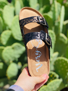 Black & Gold Leopard Aries Very G Buckle Sandals