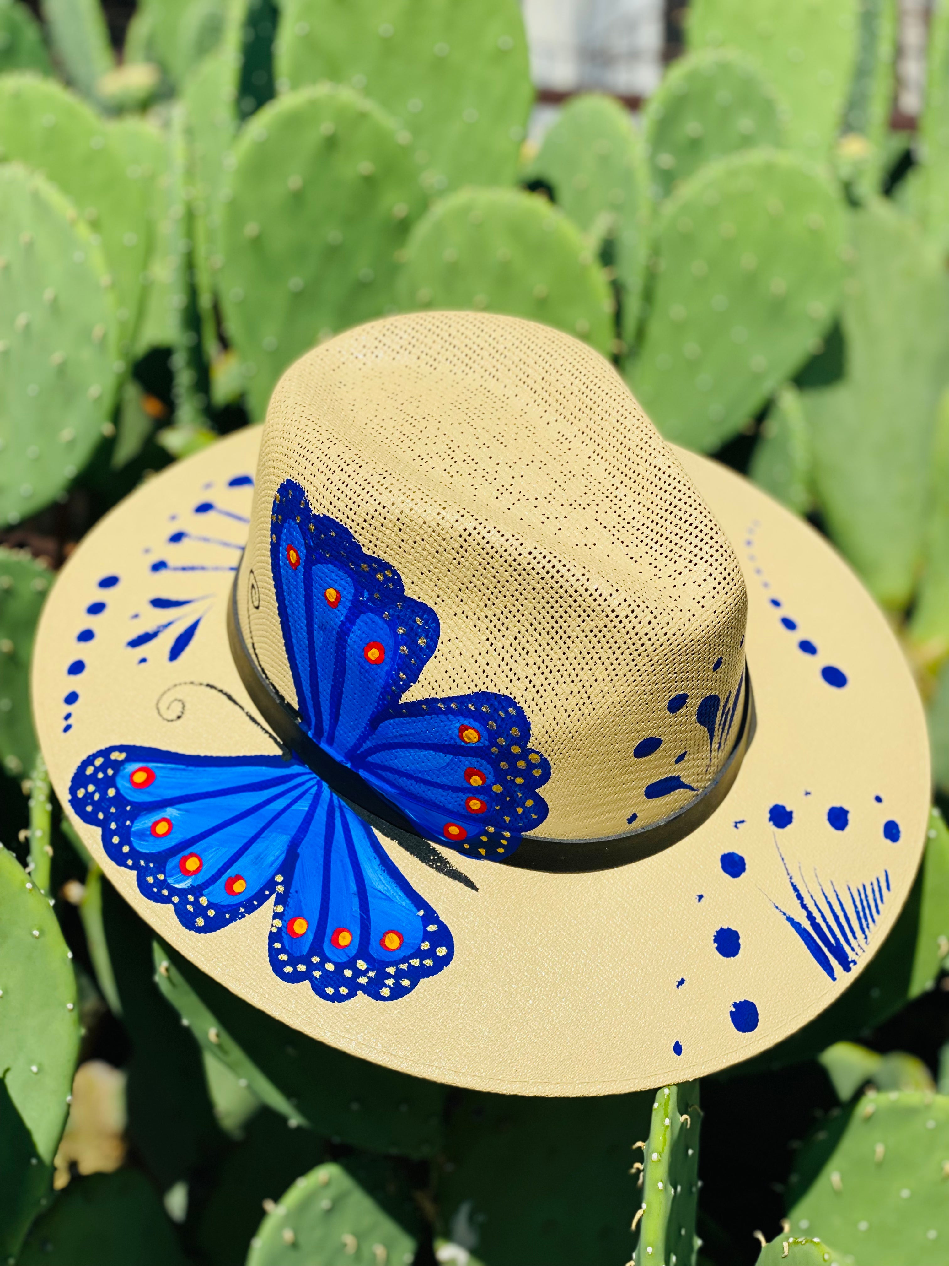 Blue Butterfly Tan Hand Painted Hat