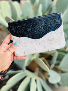 Silver Metallic Tooled Leather Cow Hide Wristlet