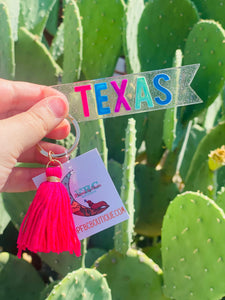 Texas Hot Pink Tassel Glitter Acrylic Key Chain