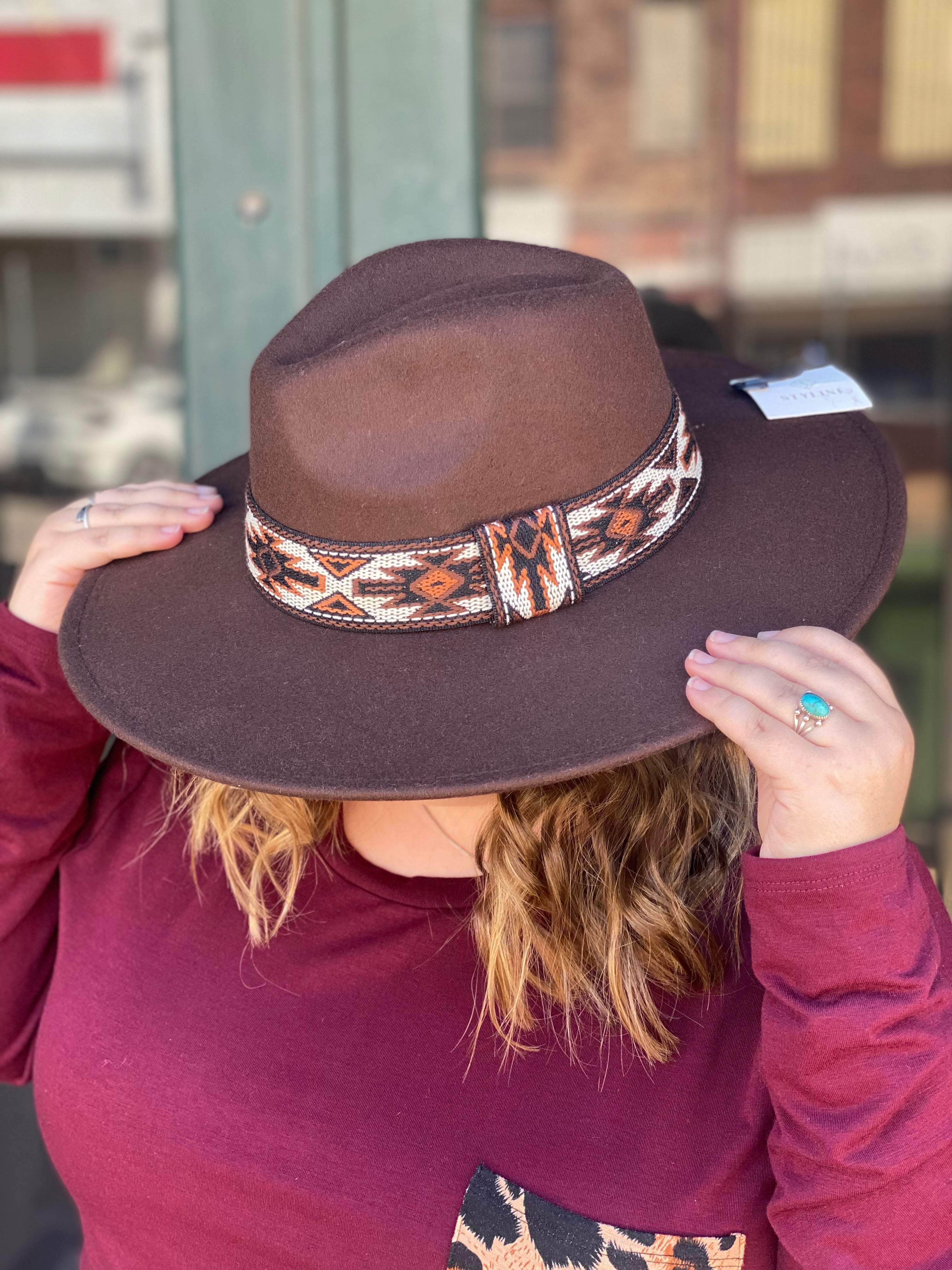 Hats Off To You Chocolate Brown Aztec Trim Fedora Hat