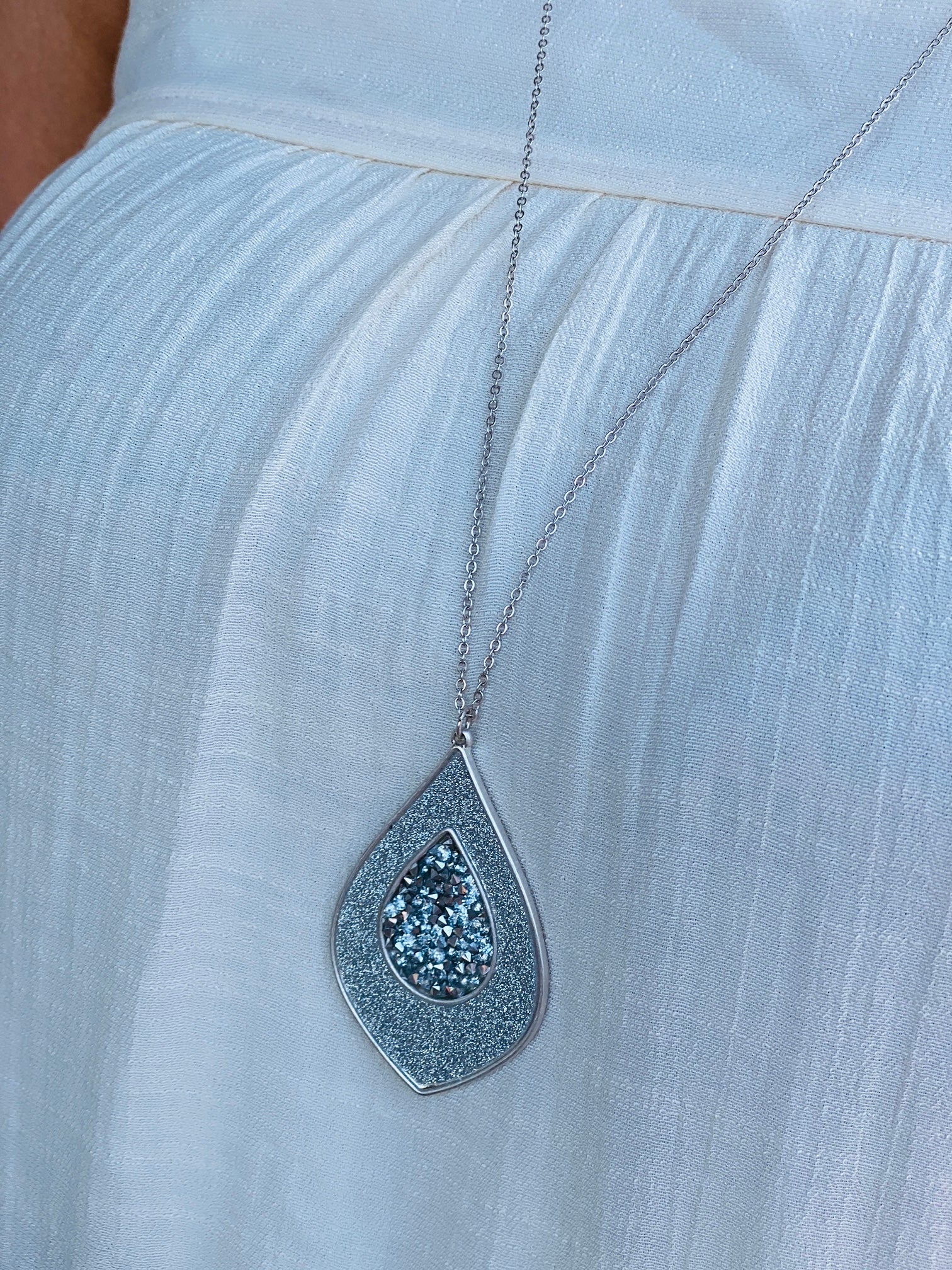Won't You Drop By Pointed Teardrop Silver Sparkle Necklac