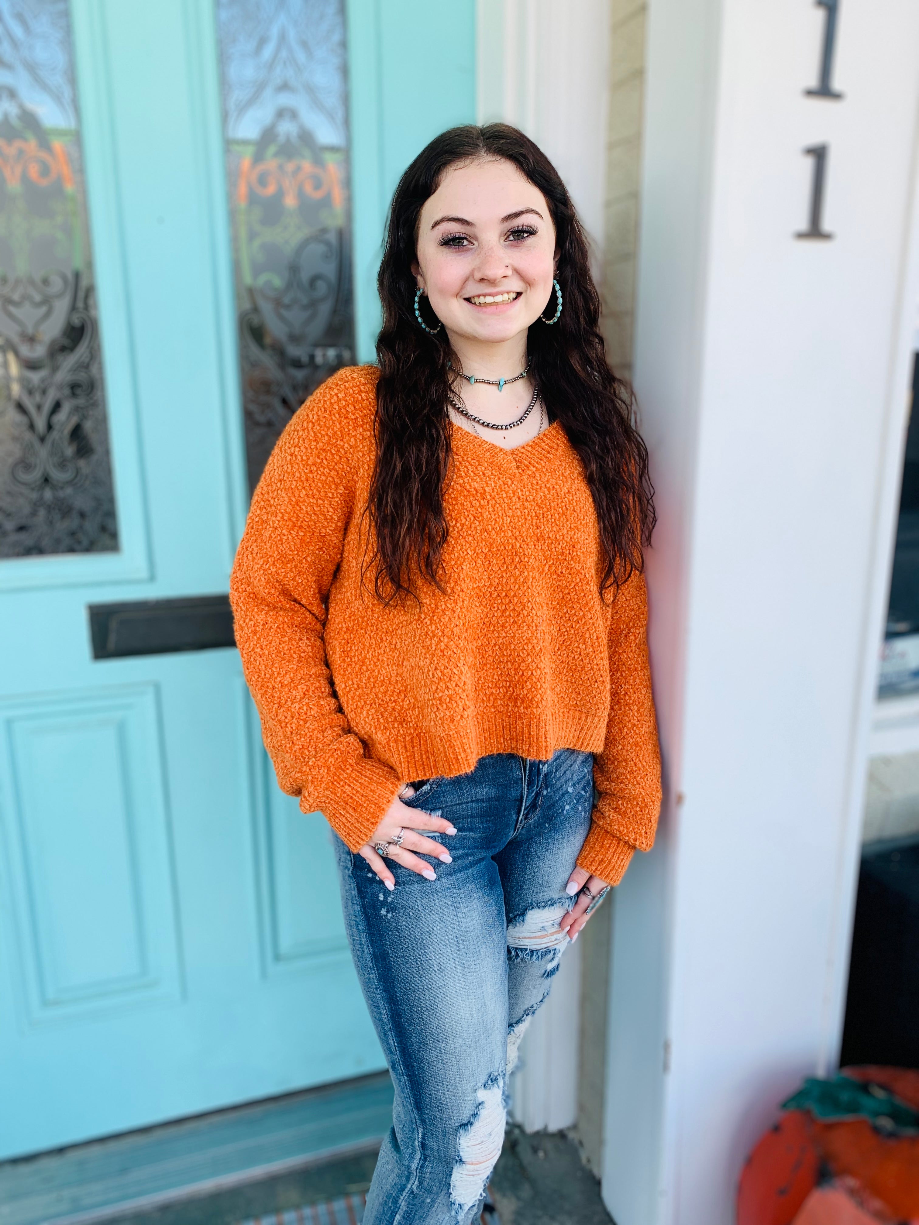 Staying With You Rust Orange V-Neck Sweater
