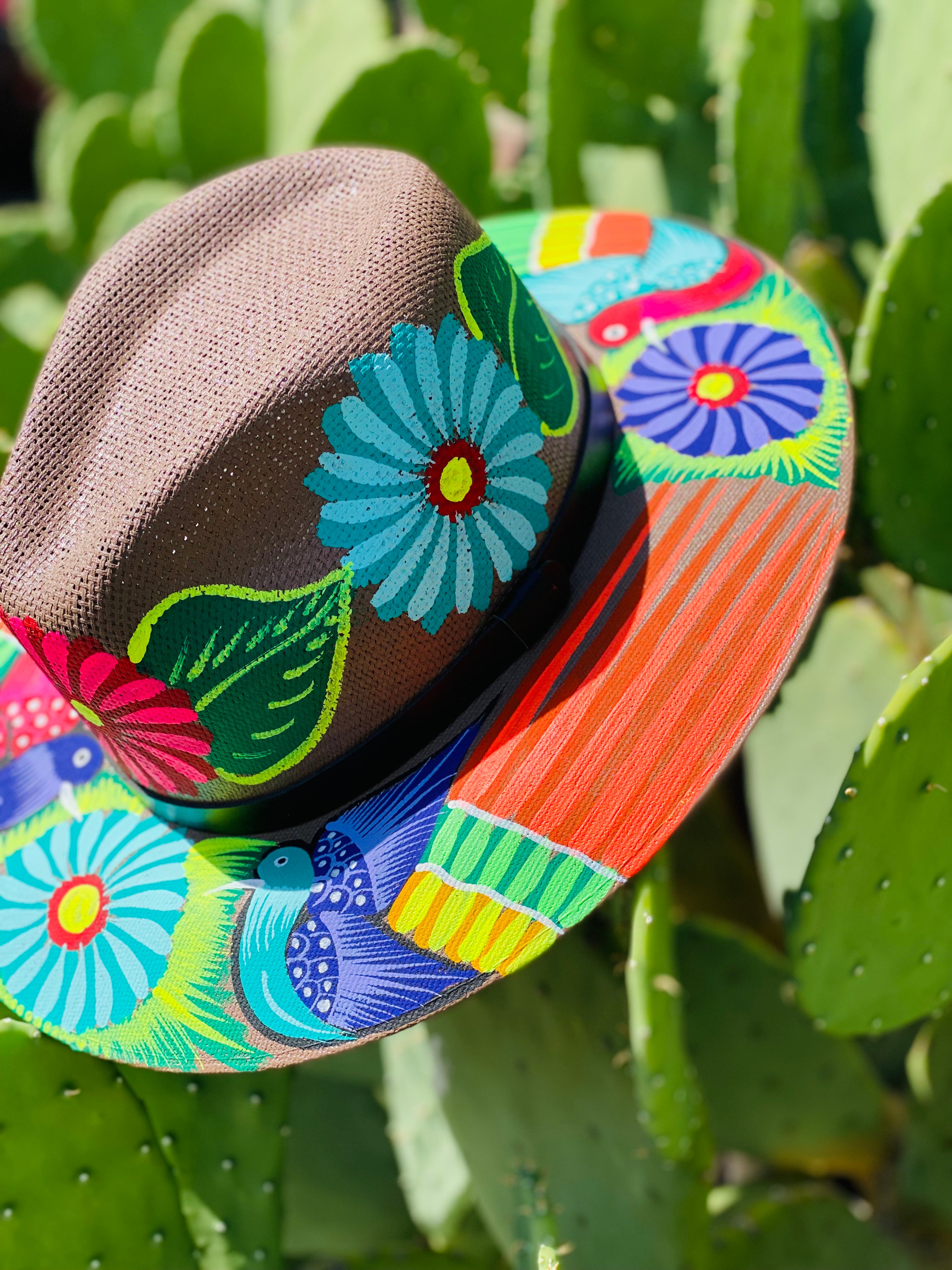 Birds & Flowers Tan Hand Painted Hat