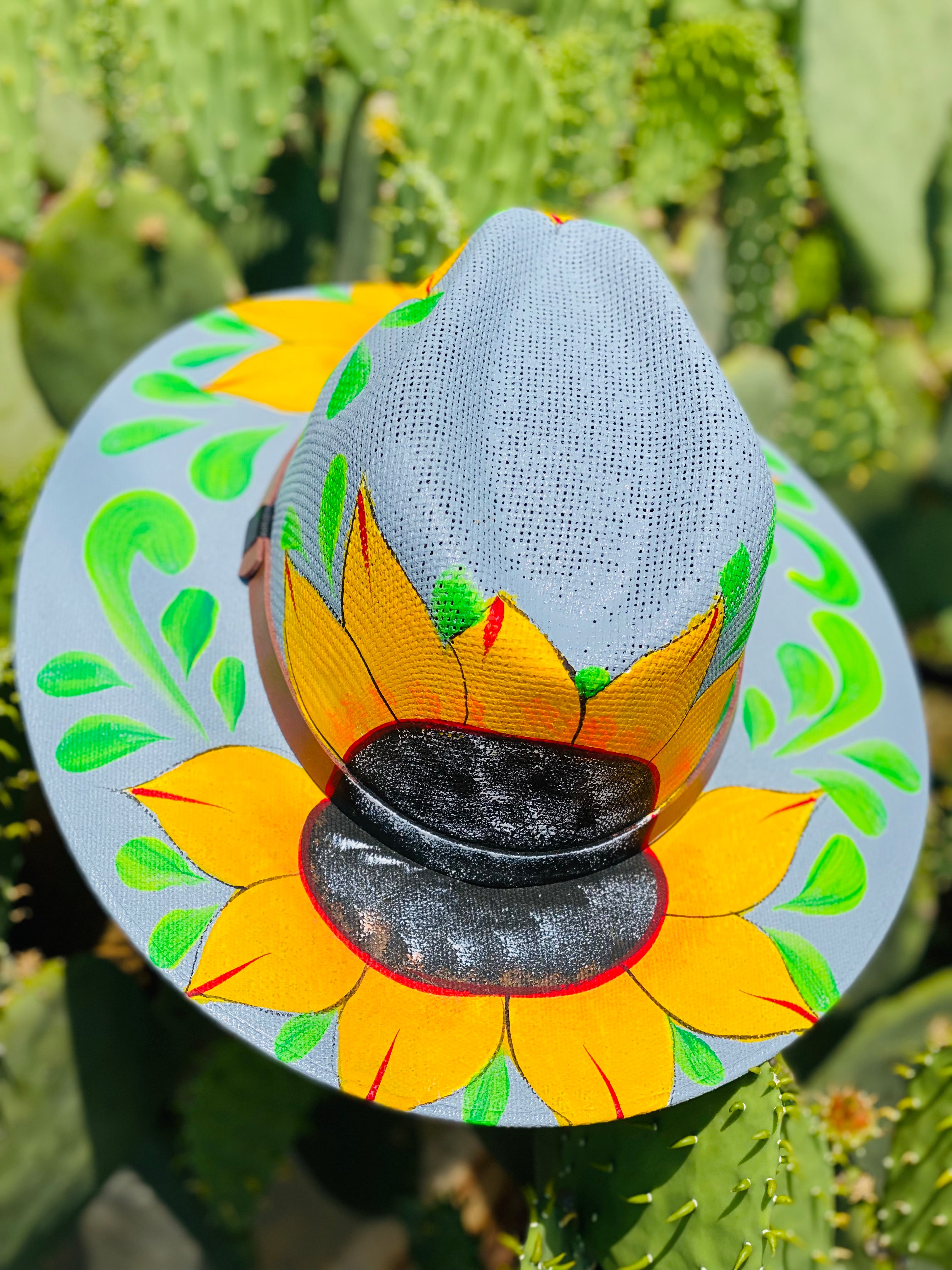 Grey Sunflower Hand Painted Hat