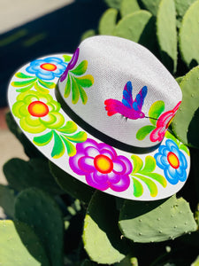 Purple Hummingbird Colorful Flowers White Hand Painted Hat