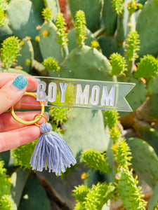 Boy Mom Gray Tassel Acrylic Key Chain