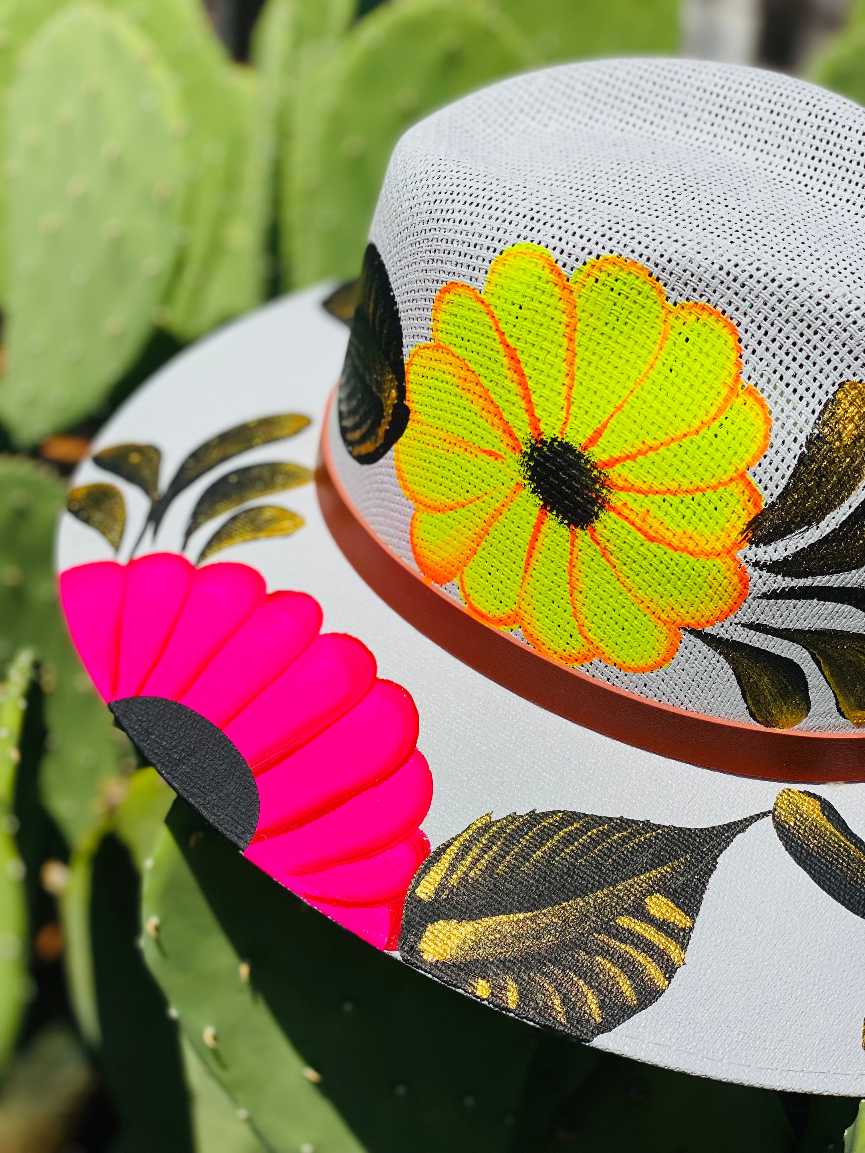 Colorful Flowers & Gold Detail Grey Hand Painted Hat
