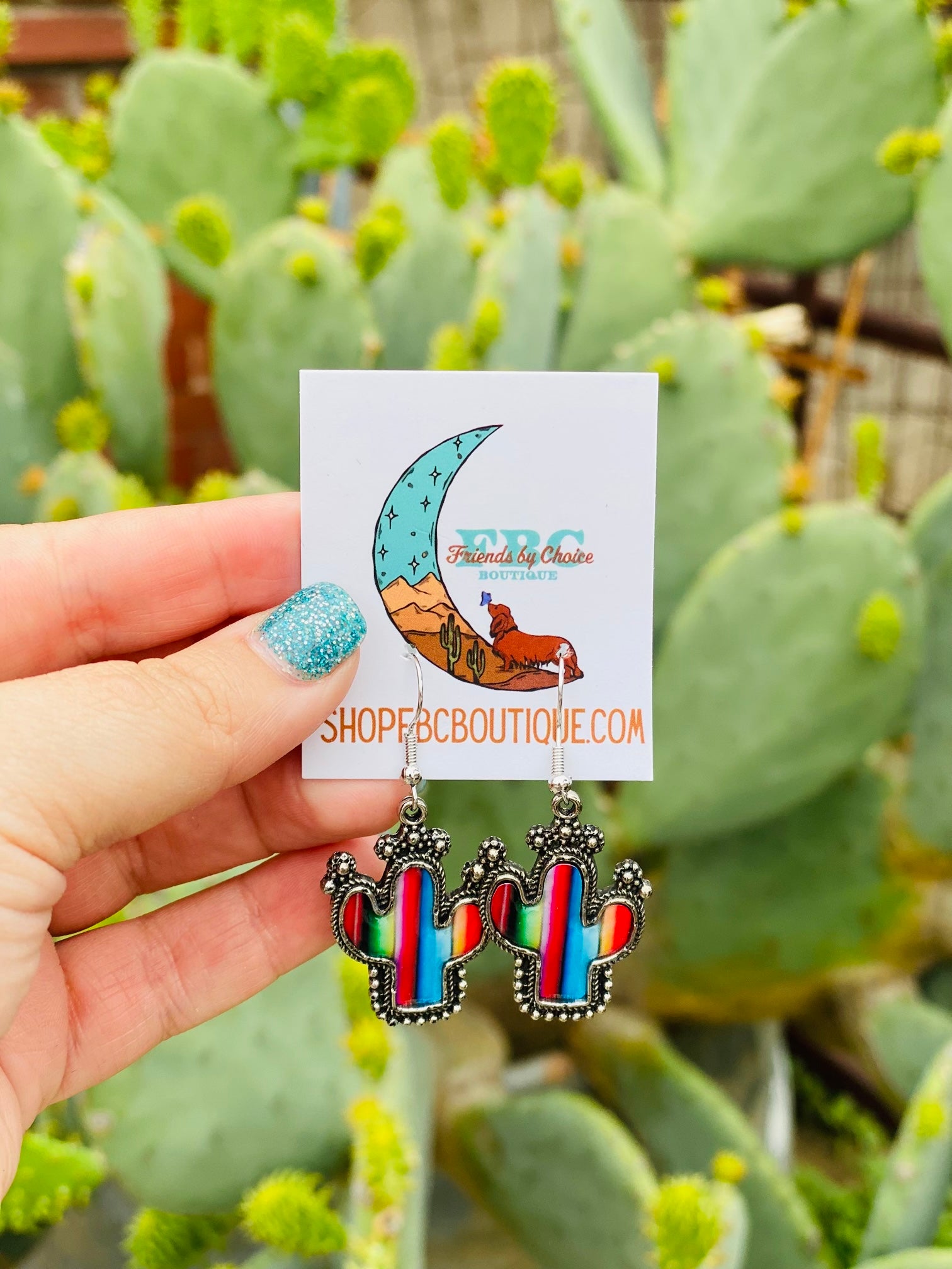 Painted Colors Serape Cactus Silver Dangle Earrings