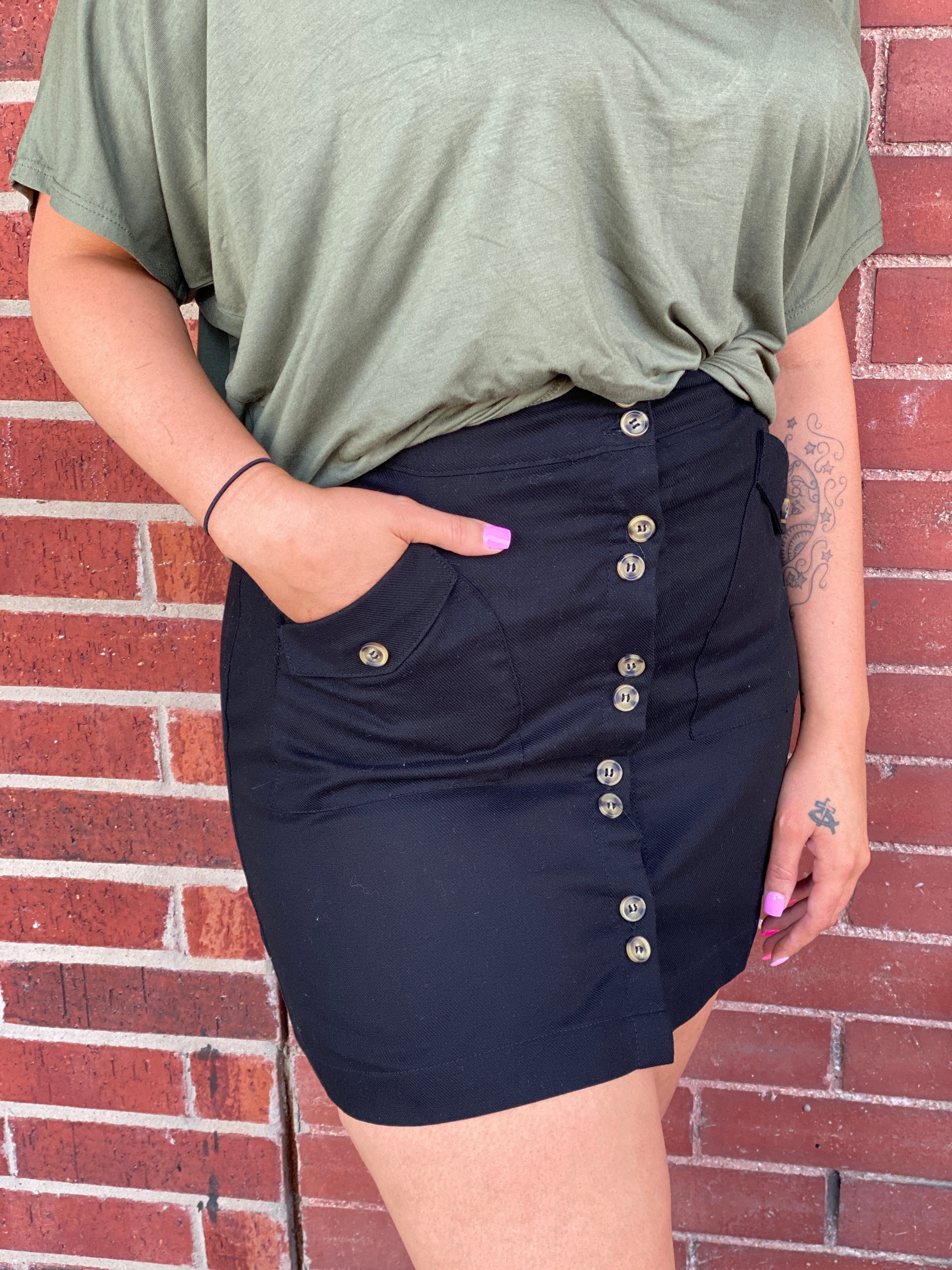 As If Black Front Button Skirt