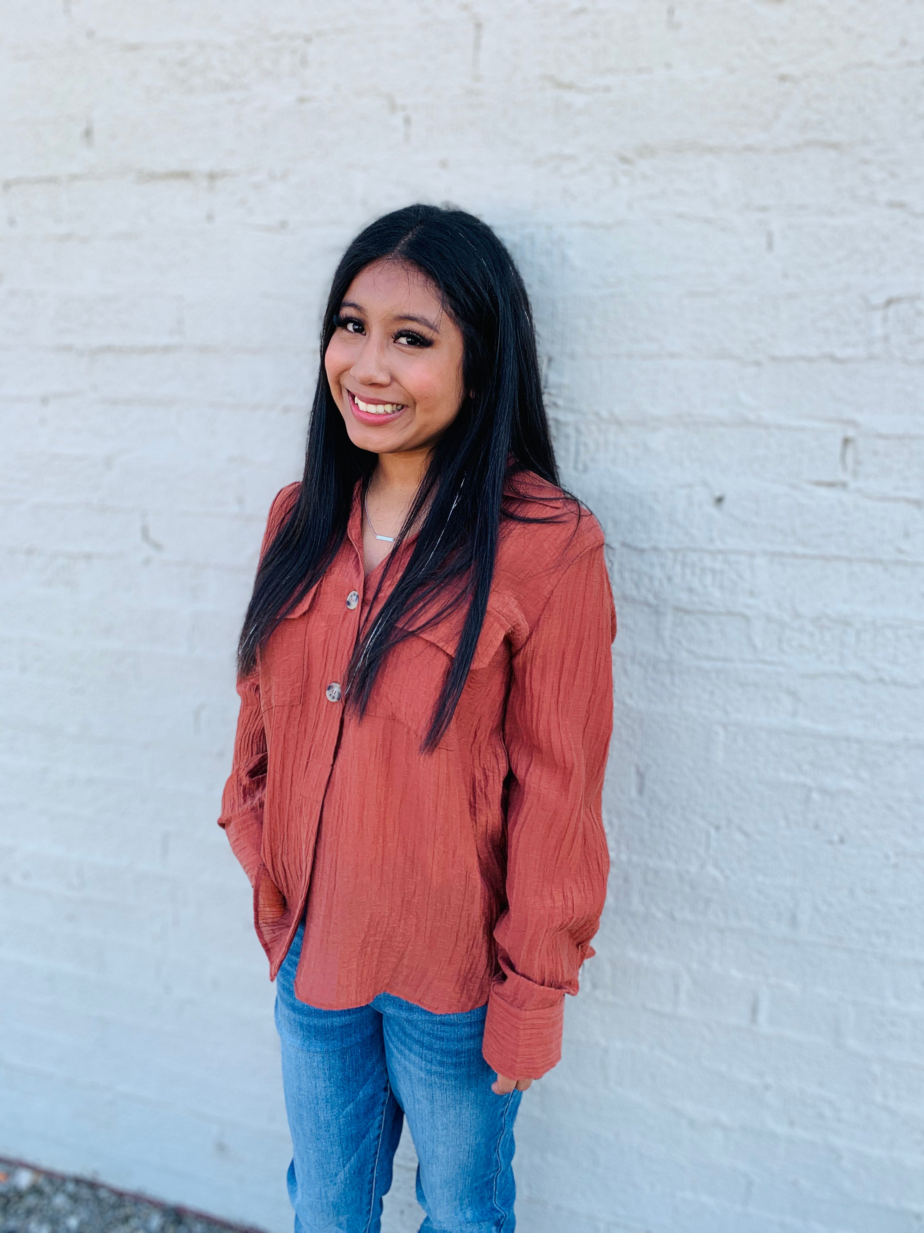 Shimmering Fall Rust Sheer Button Up Top
