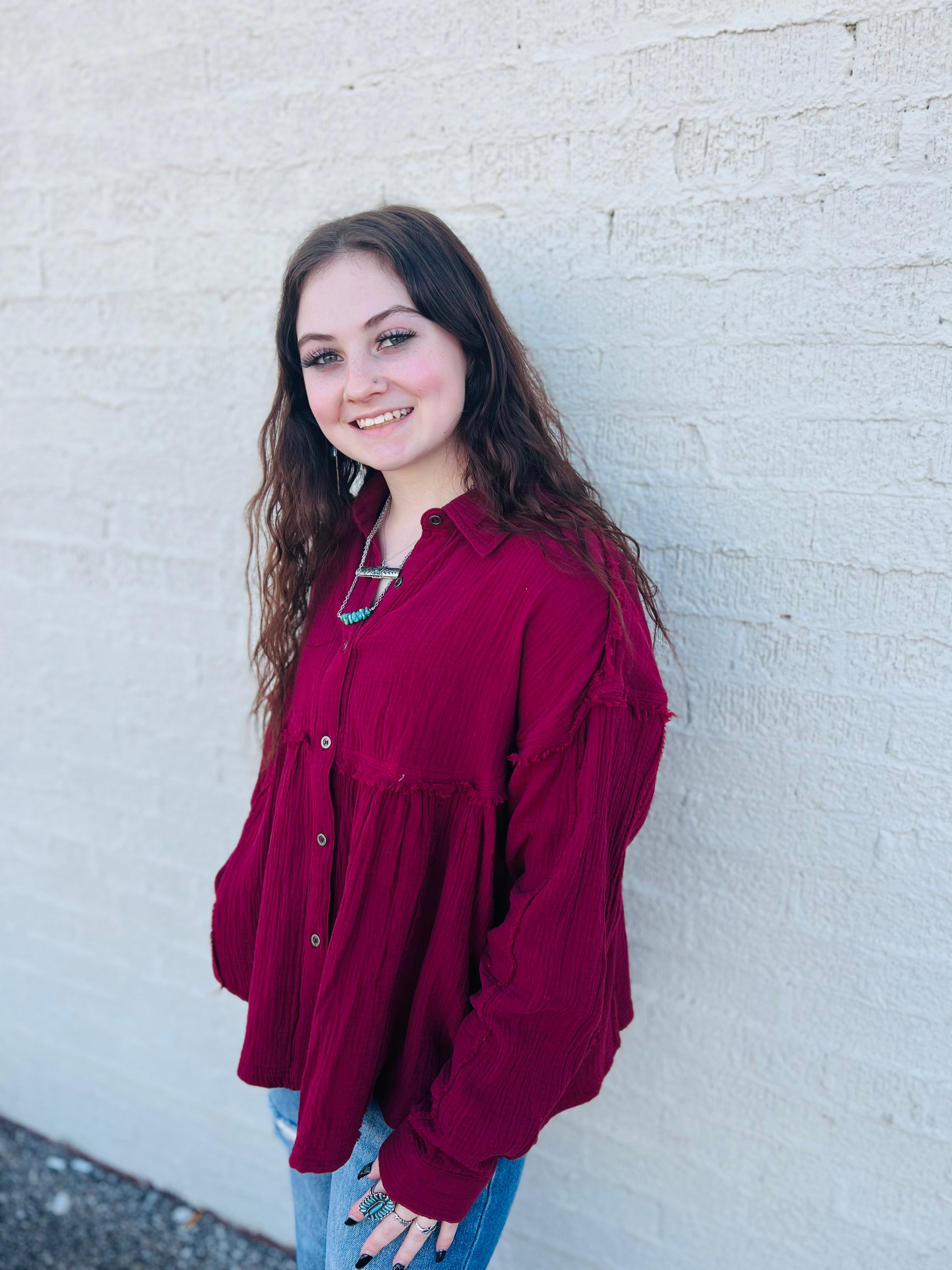Looking For You Gauze Button Down Maroon Frayed Top