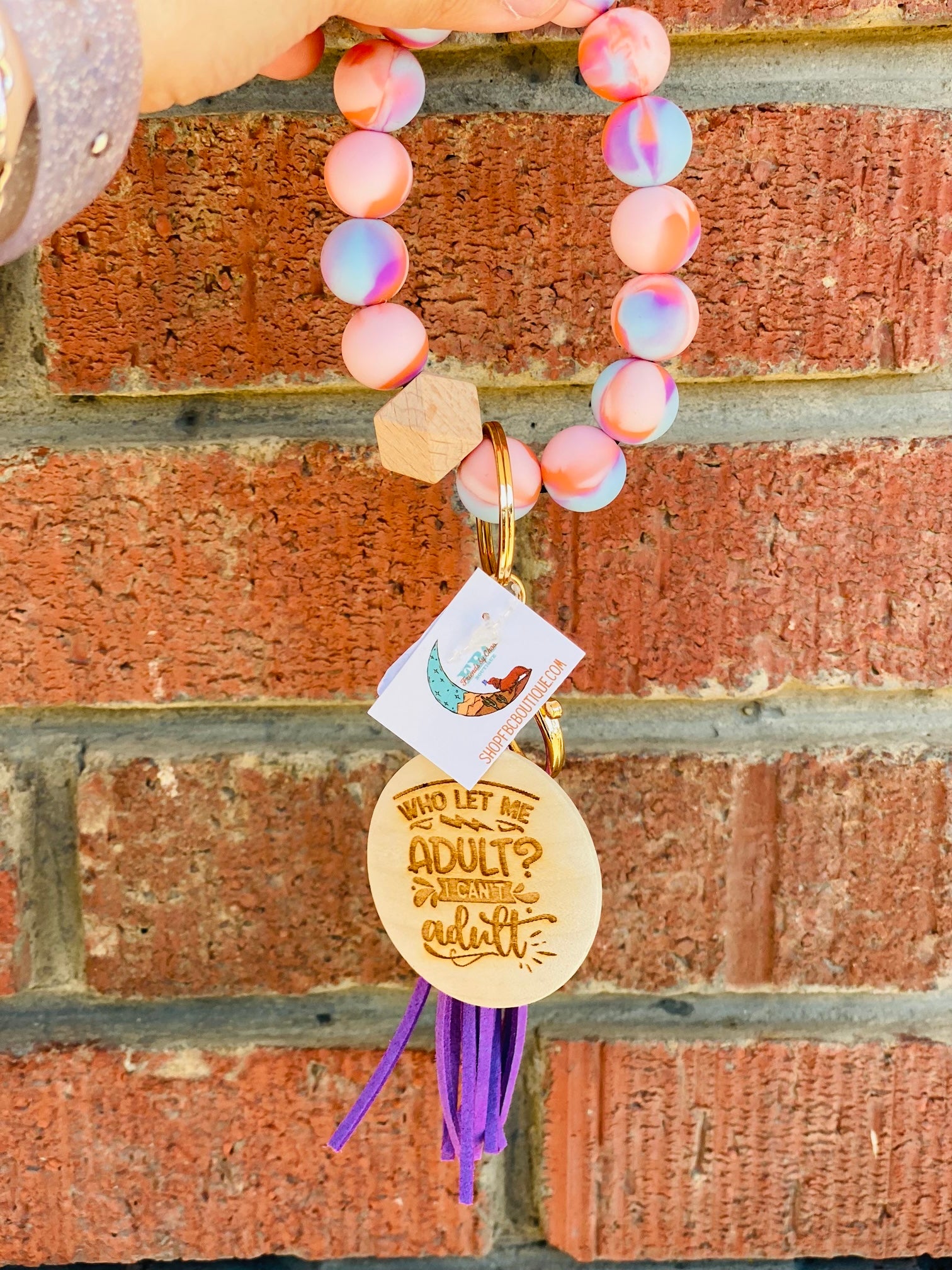 Who Let Me Adult? I Can't Adult Peach & Teal Marble Tassel Keychain Wristlet