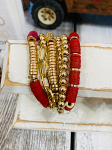 The Last Strand Maroon, Red & Gold 6 Strand Stretch Bracelet